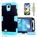 Galaxy S4 Case, Tradekmk(TM) Latest Fashion Hot Sale Hybrid Hard Soft Combo Three-in-one Durable Bumper Armor Back Case Cover Protector Compatible with Samsung Galaxy S4 i9500[+Stylus+Screen Protector+Cleaning Cloth]-(Black+Blue)