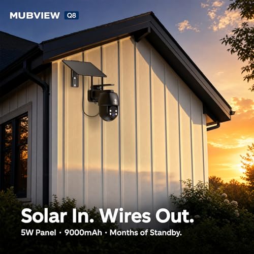 Image of MUBVIEW 24 /7 Continuous Recording Wireless Outdoor Security Camera, 2.4G WiFi, 2K Solar Powered, 360 PTZ, Auto Tracking, SD Included, Optional Cloud Storage, AI Detection, Night Vision(Black,1 Pack)