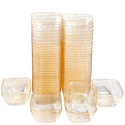 WDF 100Pack Gold Glitter Mini Dessert Bowls-2oz Disposable Plastic Square Bowls for Parties