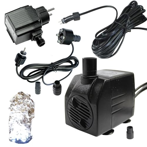 Arnusa Pompe de fontaine avec 1 éclairage LED en pierre de source - Spot blanc froid - Pompe de bassin - Pompe à eau - Pompe de ruisseau - 12 V - IP44 -...