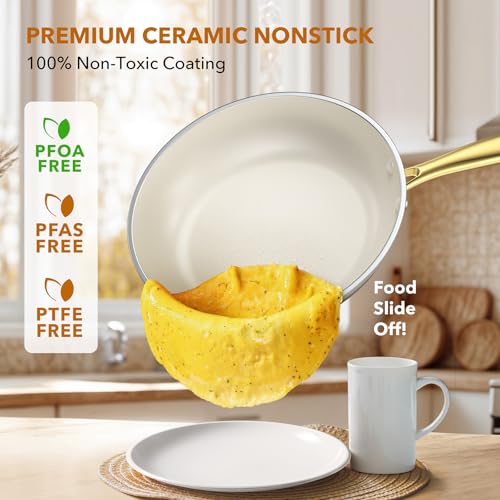 PekGema Ceramic Cookware Set 15-Pieces, Pots and Pans Set Non Stick, Oven Safe Non Toxic, Kitchen Cookware Set, PFOA PTFE FREE, Golden White - Image 5