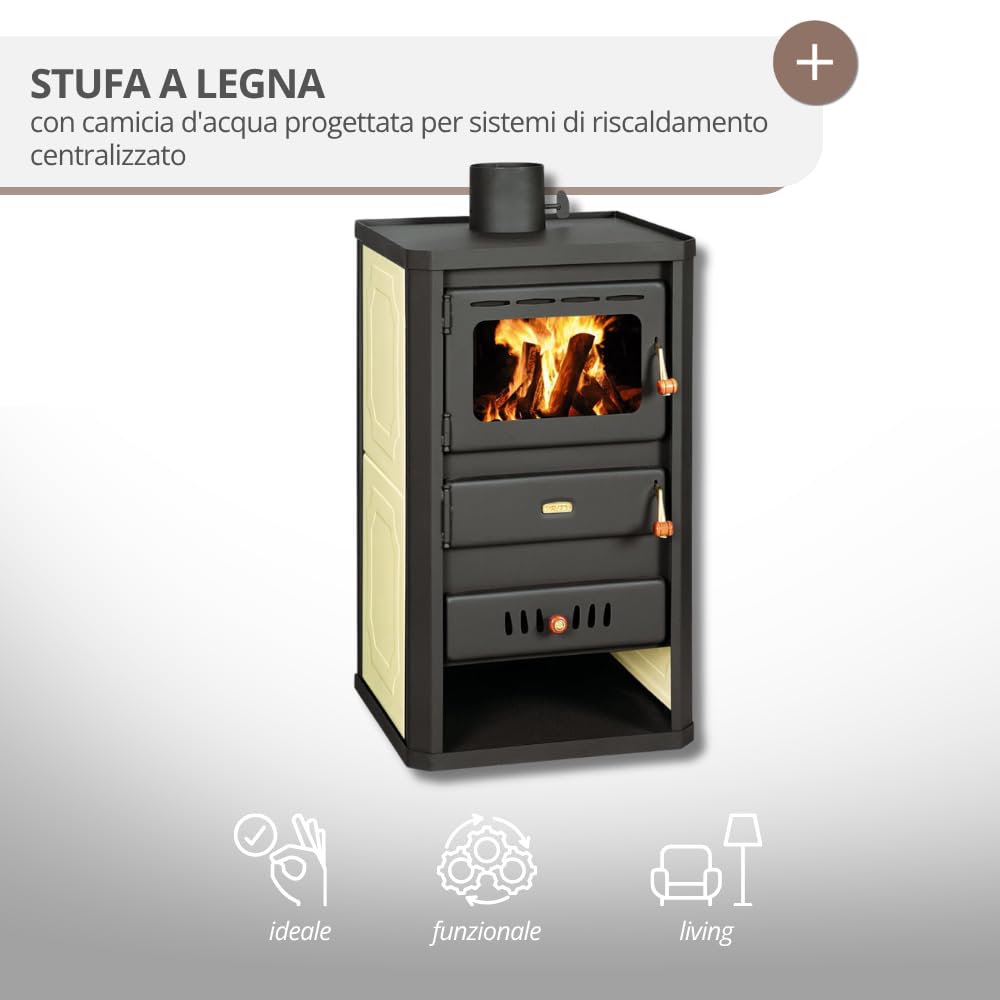 Stufa a legna Prity S2 W10 con rivestimento ad acqua, 10 kW, riscaldamento centralizzato, certificato CE, bruciatore a legna migliorato, conforme alla norma EN