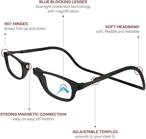 Miniatura 2 de Clic Slastik - Anteojos de lectura magnéticos con bloqueo de luz azul de banda suave, lectores de computadora con patillas ajustables, Windu (M-XL)