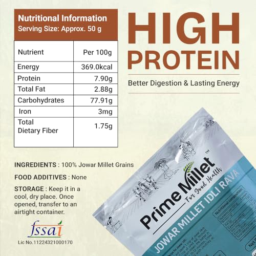 Image of Prime Millet For Good Health Organic Jowar Idli Rava | Premium Sorghum Millet Idli Mix | High Fiber Superfood | Gluten Free Healthy Breakfast Ingredient | Supports Healthy Digestion | Natural Unpolished Jowar Rava | Ancient Grain Nutrition (250g)