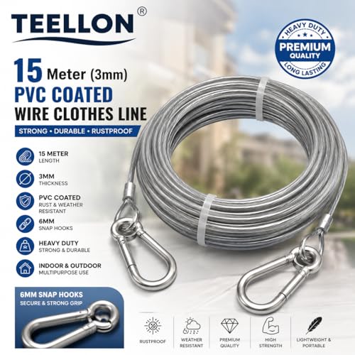 Image of 15 Meter (3mm) Heavy Duty Stainless Steel Clothesline Wire Rope with Carabineer Hooks, Portable Rustproof Laundry Drying Rope Cable for Balcony Garden Home Indoor Outdoor Uses (15 Meter)