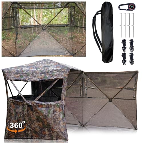 Beviliu Hunting Blinds 360 Degree See Through Ground Blind for Turkey Hunt, 2/3/4 Person Hunting Gear, Turkey Hunt Accessories Camouflage Portable Pop Up Deer Blinds for Hunt