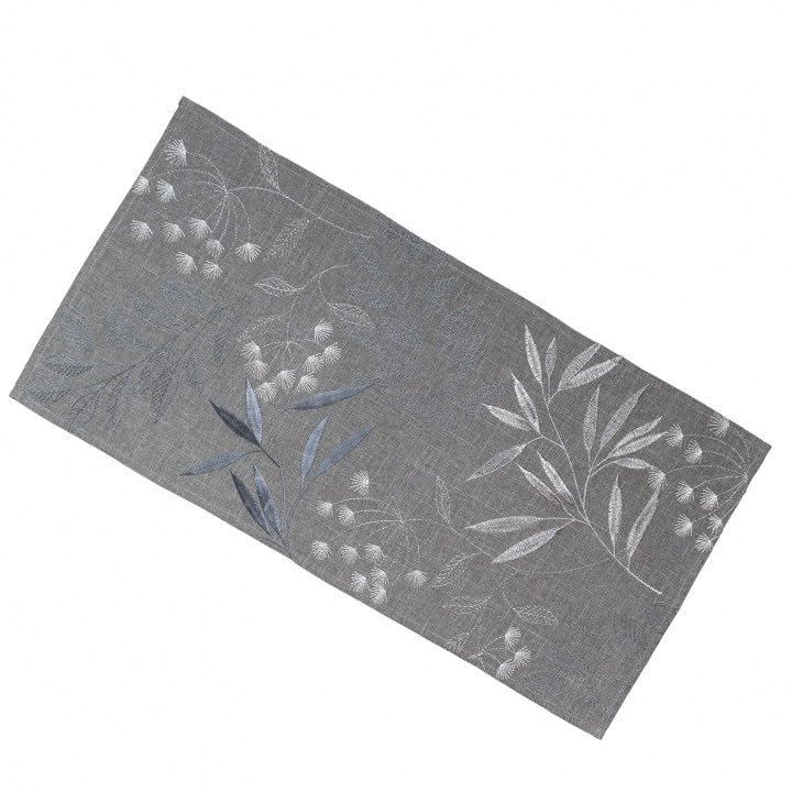 Tischdecke Mitteldecke grau Silber Stickerei Blätter Leinenoptik...