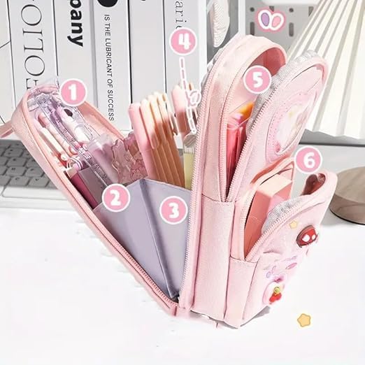 Image of Invite Enterprise Three Layer School Bag-Shaped Pencil Pouch, Large-Capacity Pencil Pouch with Zipper, Multipurpose Pen & Pencil Case for School Supplies for Boys & Girls (Pink - Happy TIME)