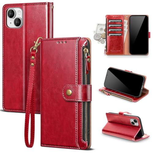 Scutumate Compatible with iPhone 13 Wallet Case with Card Holder RFID Blocking Zipper Poket PU Leather Flip Phone Case with Wrist Strap Credit Card Slots Men Women,for Apple 13 6.1",Red by Scutumate - Used condition - US$11.49