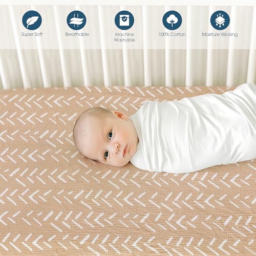 Image of GRSSDER 100% Cotton Muslin Crib Sheet 2 Pack - Breathable & Ultra-Soft Fitted Crib Sheets for Standard Baby & Toddler Mattresses, 52 inchx28 inch with 9 inch Deep Pocket, Snug Fit All-Around Elastic