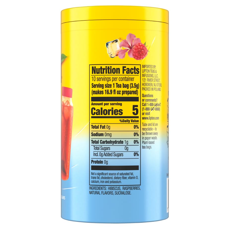Image of Lipton Ice Tea Infuse Hibiscus Raspberry Cold Brew Tea Bags 10-Count - Brews in Cold Water in Just 5 Minutes for 16 oz Water Bottles - Real Fruit Pieces and Herbals with 5-10 Calories, (Pack of 9)