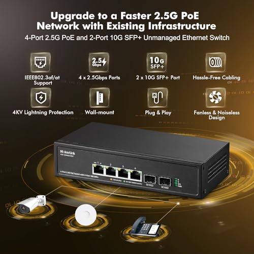 Image of MokerLink 4 Port 2.5G PoE Switch with 2 Port 10G SFP+ Slot, 4 x 2.5G Base-T Ports Compatible with 10 /100 /1000Mbps, IEEE8023af /at PoE 78W, Metal Unmanaged Fanless Small Network Switch