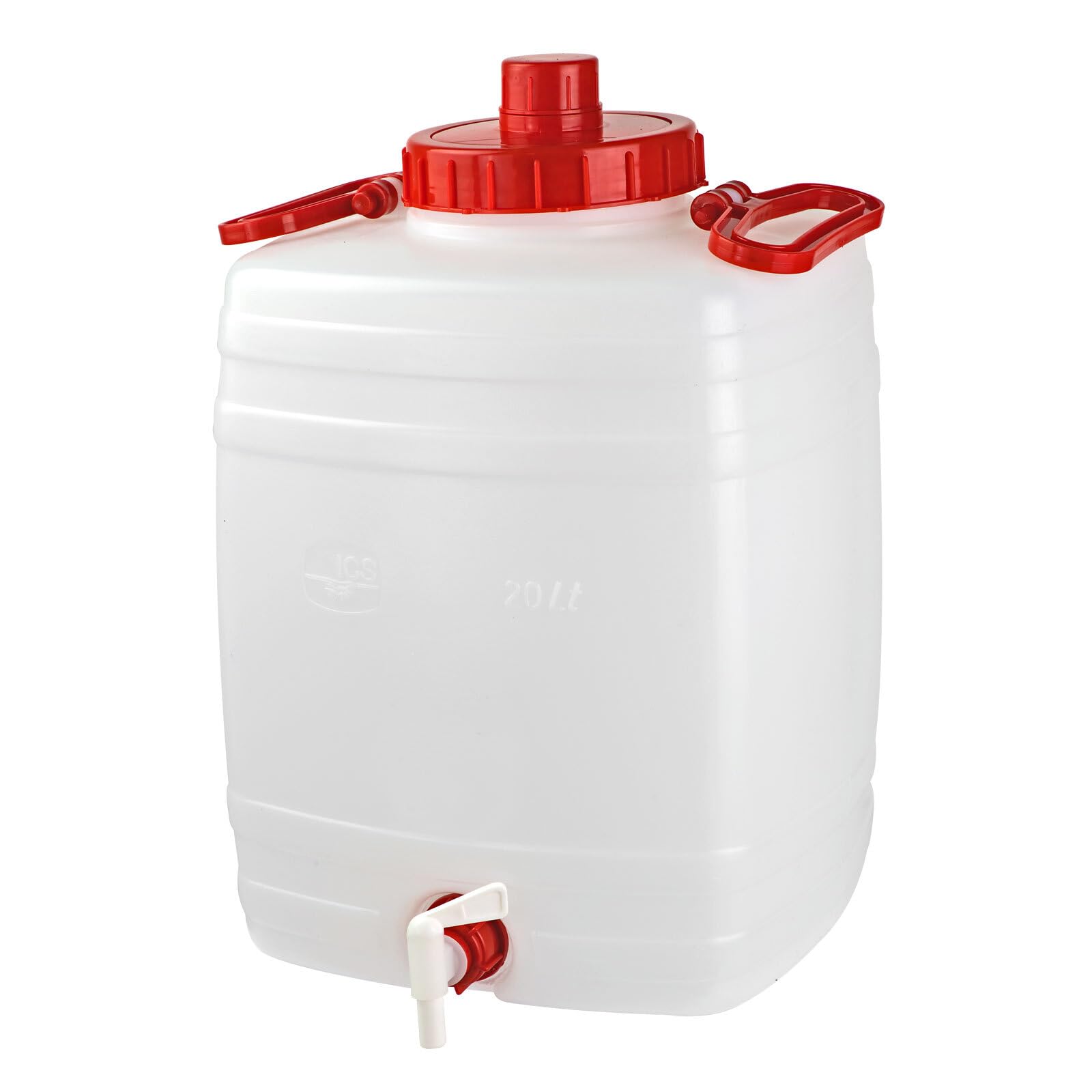Bottiglione in plastica (HDPE), quadrato con collo largo e rubinetto, capacità 20 Lt, maniglia in ferro e tappo a vite (incluso) (20 Lt - Modello Maniglia Centrale)