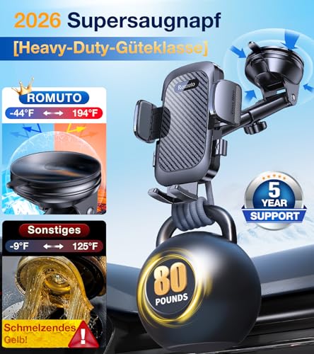 Romuto Handyhalterung Auto【2026 Upgrade Super Saugnapf】4 in 1 Handy Halterung Auto【360° Drehbar】Handyhalter fürs Auto Armaturenbrett Windschutzscheibe Lüftung KFZ Autohalterung für iPhone Samsung usw