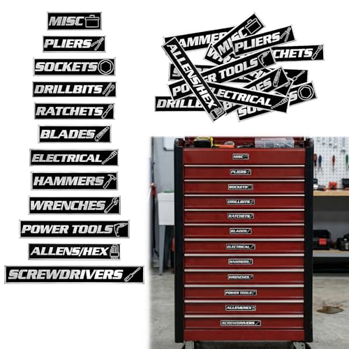 12Pcs Metal Magnetic Tool Box Labels - Heavy Duty Metal Toolbox Labels for Tool Chest Drawer Organization - Premium Magnetic Labels for Tool Box Accessories and Garage Storage (Black)