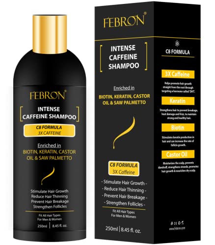 INTENSE Caffeine Shampoo for Hair Loss - Hair Growth Shampoo for Men and Women - Sulfate Free Formula for Thinning Hair with Saw Palmetto, Biotin, Keratin & Castor Oil - Color safe - C8 Formula By Febron