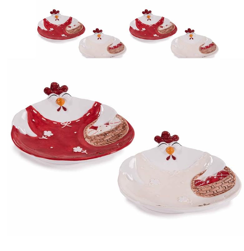 Gruppo Maruccia - Lot de 4 assiettes en céramique avec décorations en relief - En forme de poules - Couleurs assorties