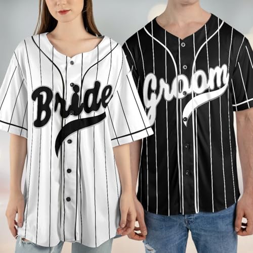 Bride and Groom Matching Baseball Jersey, Personalized Bride and Groom Shirts, Custom Husband and Wife T-Shirt Wedding Honeymoon Matching Outfit White3