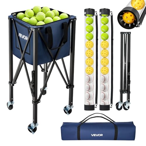 VEVOR 3-in-1 Tennis & Pickleball Hopper with Pickup Tube Foldable Pickleball Basket Cart with with Wheels Holds 150 Tennis Balls or 260 Pickleballs Portable Pickleball Caddy Holder for Training