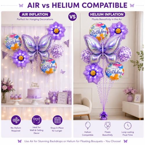 Image of AMFIN (Pack of 7) Large Butterfly Foil Balloons 34 Inch Gradient Birthday Party Decorations | Helium & Air Compatible - Purple