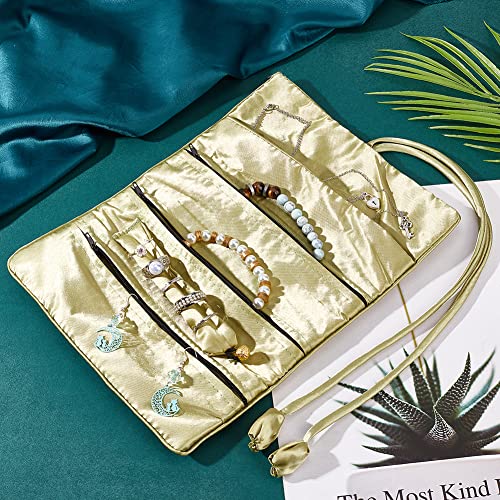 Chgcraft 2Pcs Embroidery Travel Jewelry Bag Roll Silk Jewelry Organizer Practical Jewelry Roll With Tie Close, Yellow Green, 7.87X11X0.16Inch #TOP3