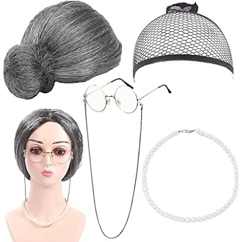 BLUESEABUY 5 Piezas Disfraz Abuela Peluca Accesorio Cover