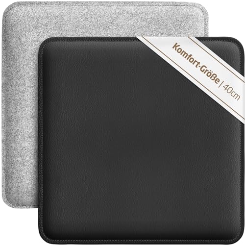 Miqio Design Sitzkissen | Wendekissen Rechteckig aus Filz und Kunstleder | Komfortgröße XL Stuhlkissen 40x40 cm | 2er-Set | Sitzauflage für Bank und Stuhl | Hellgrau-Schwarz