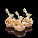 30 PCS Gold Glitter High Heel Cupcake Toppers for Wedding Engagement Bridal Shower Women Birthday Party Stiletto Pump Cake Decorations