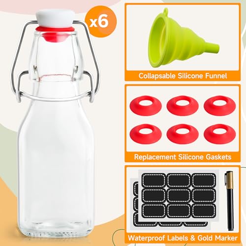 Image of WILLDAN 4oz-6 Pack Swing Top Glass Bottles - Flip Top Brewing Bottles For Kombucha, Kefir, Vanilla Extract, Mead, Vinegar, Beer- Airtight Stopper Lids - Comes With Extra Gaskets, Funnel and Labels