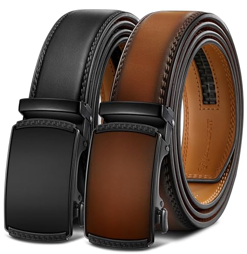 Image of BULLIANT Men's 2-Pack Ratchet Leather Belt Trimmable 1 3 /8 inch-Gift Boxed