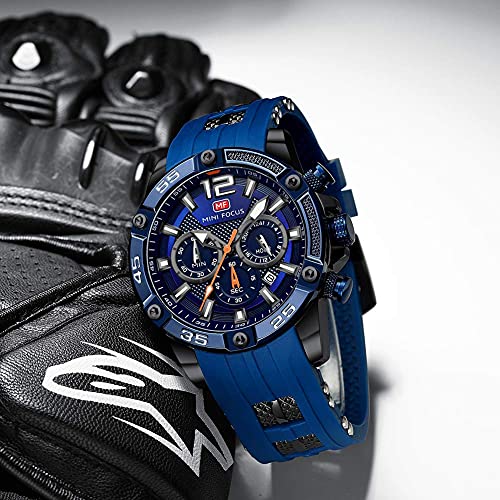 Image of MF MINI FOCUS Men Watch, Chronograph Waterproof Sport Analog Quartz Watches Blue Silicon Strap Fashion Wristwatch for Men