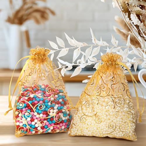 Image of Staruby Organza Gift Bags Gold Sheer Organza Bag 50Pcs 4x6 Inch and 50Pcs 5x7 Inch Mesh Favor Bags Drawstring Jewelry Rattan Printed Gift Pouches for Wedding Party Favors Couple Shower Christmas Gifts Candy Bags