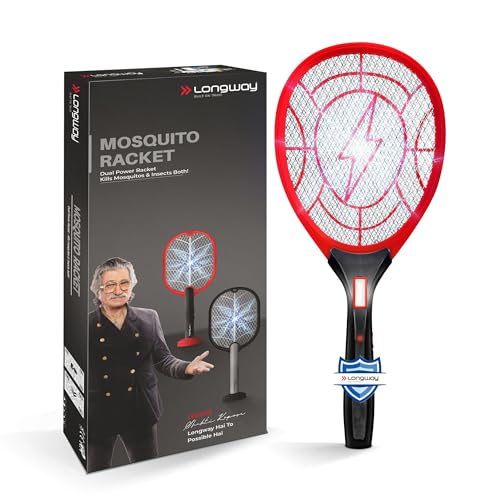 Image of Longway Zappy Rechargeable Mosquito Killer Racket Built in COB Light | 3500V DC Voltage on The Net Mesh| Mosquito Bat | 1 Month Stand by 500mah Long Lasting Internal Battery (Black)