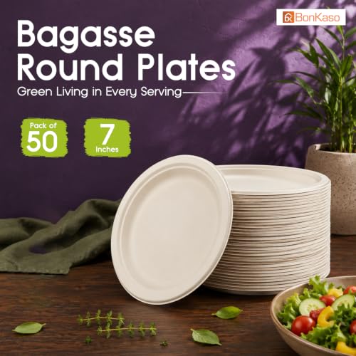 Image of Bonkaso 7 Inch, Pack of 50 Bagasse Disposable Round Plates (Beige)| Eco-Friendly Sugarcane Paper Plates | Biodegradable, Compostable & Sturdy | Ideal for Snacks, Desserts, Parties, Weddings & Events