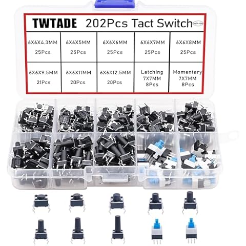 TWTADE 202PCS Micro Momentary Tactile Push Button Switch Assortment Kit 10 Values 4 Pins 6x6mm & 7x7mm Tact Switches Cover