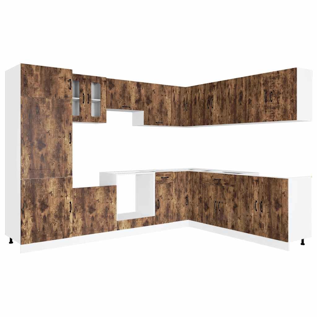 14-TLG Einbauküche Kalmar Räuchereiche 80×46×81,5 cm mit Spülen- & Eckunterschrank, Hängeschränken