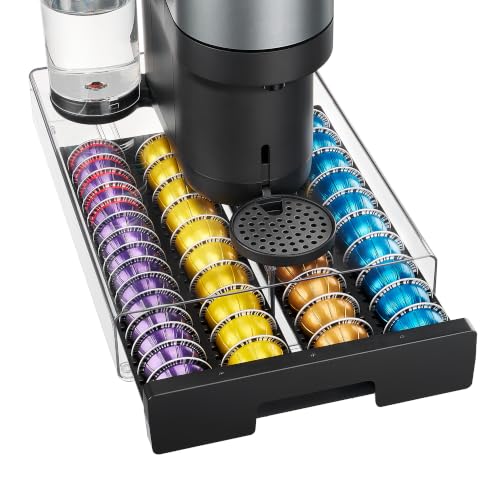 Image of Vtopmart Brown Coffee Pod Drawer Organizer for Nespresso Vertuo Pods, Holds 40 Large or 60 Small Capsules, Acrylic Coffee Pod Holder with Smooth Pull-Out, Anti-Slip Clear Storage
