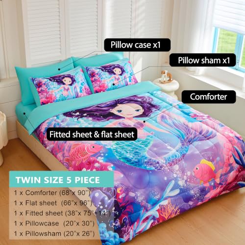 Image of Twin Bedding Set for Girls 5 Piece Mermaid Comforter Set for Girls Super Soft Microfiber Bed Set Bed in a Bag with Comforter Sheets Pillowcase & Sham (5 Piece Twin Size)