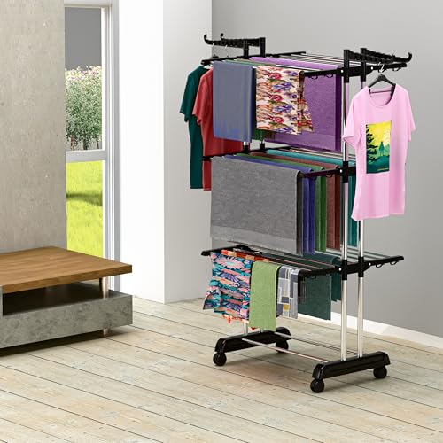 Image of Foldable Cloth Drying Stand Stainless Steel - 3 Tier Heavy-Duty Clothes Dryer for Balcony, Indoor & Outdoor Use | with Wheels & Hanger Slots | Rust-Proof Laundry Rack (Black 3 TIRE)