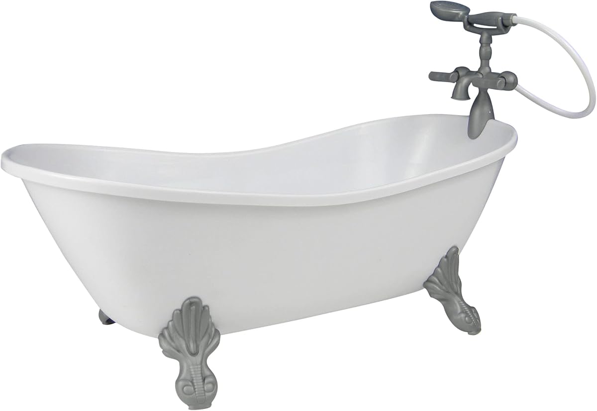 Sophia's Classic - Bañera con patas de garra, color blanco, con cabezal de ducha de mano y grifo, juego de muebles para muñecas de 18", color blanco y plateado