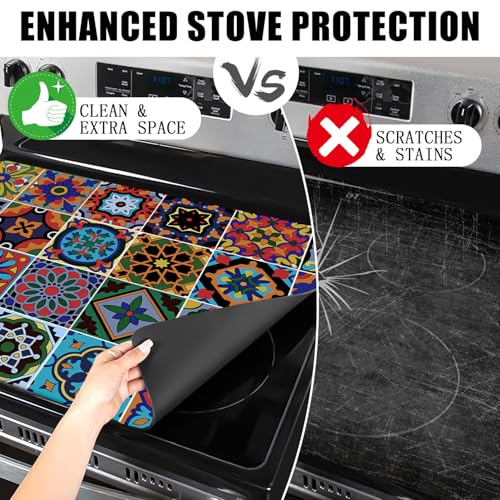 Image of Mexican Tile Stove Top Cover, 20x28 in Cinco de Mayo Stove Covers for Electric Stove Mexica Home Decor Glass Stove Top Mat Heat Resist Gas Range Mat Party Stove Top Protector Kitchen Cooktop Pad