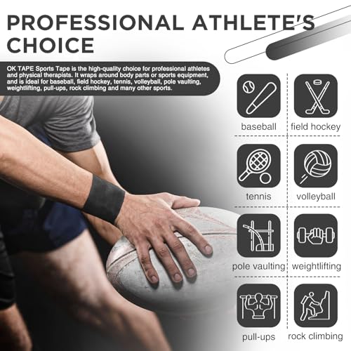 Image of OK TAPE Athletic Sports Tape(4 Packs) Black- 32.8ft Per Roll Athletic Tape for Injuries,Strong Stick No Residue Athlete & Sport Trainers First Aid Injury Wrap, Hockey Stick