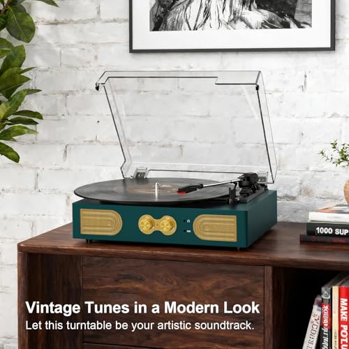 Image of Vinyl Record Player with Built-in Stereo Speakers, Vintage 3-Speed Turntable, Bass /Treble Control, Headphone Jack, RCA /AUX Outputs, Belt-Driven, Dark Green