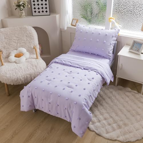 Image of Caressma 5 Pieces Tufted Comforter Set Bed-in-a-Bag for Kids with Lovely Purple Pompom On The Comforter.Includes Comforter,Fitted Sheet,Flat Sheet,Pillow Case & Pillow Shame for All Seasons