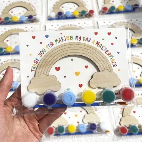 12 Pack Pre-Packaged Rainbow Party Favors for Kids, Wooden Rainbow Cutouts with Magnets & Painting Kits, Thank You for Coming Gifts for Kids