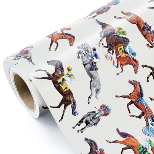 WRAPAHOLIC Racing Horses Wrapping Paper Roll - Mini Roll - 17 Inch x 16.5 Feet - Jockeys on Racehorses Design Perfect for Horse Racing