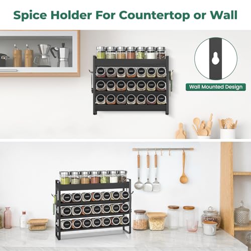 EsLuker.ly Spice Seasoning Rack Organizer Kitchen Countertop, 4 Tier Bamboo Spice Shelf Holder Storage with 4 Hooks, Wall Mounted Freestanding Stand for Pantry, Black(Jars Not Included) by EsLuker.ly - Image 6