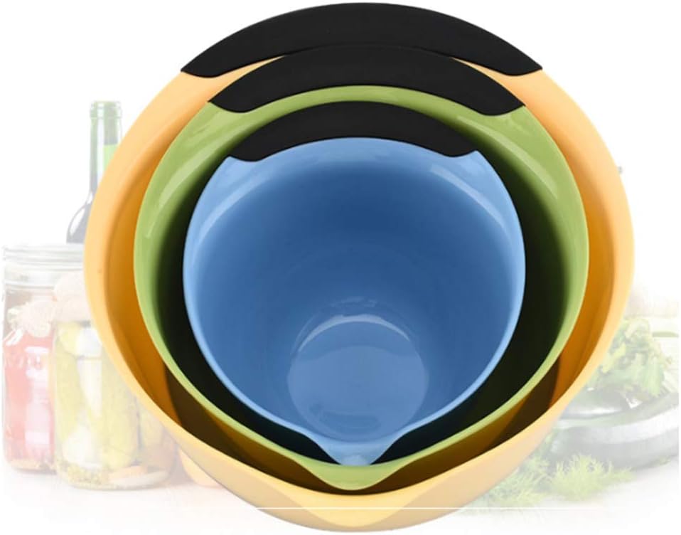 3pcs Plastic Mixing Bowl Set Nesting Mixing Bowls with Rubber Grip Handles Easy Pour Spout and Non Slip Bottom for Kitchen Baking or Salad