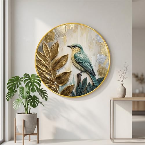 Image of SAF Bird Leaf Wall Painting with Golden PVC Frame Round Nature Art Modern Luxury Decor Elegant Bird and Foliage Design for Living Room Bedroom Office Home Gift Item (23 x 23 Inch) GR-366