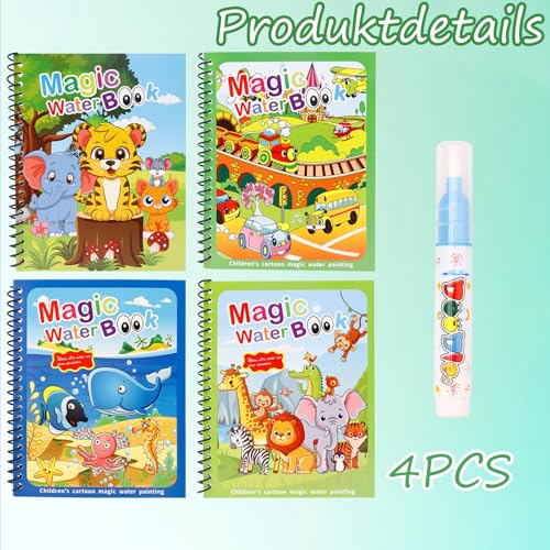Nurila Wassermalbuch 4 Stück mit 4 Wasserstifte, Wasser Malbuch, Magic Water Colouring Book, Wassermalbuch ab 2 3 4 5 6 für Reisen, Puzzle, Frühpädagogik, Malen, Graffiti